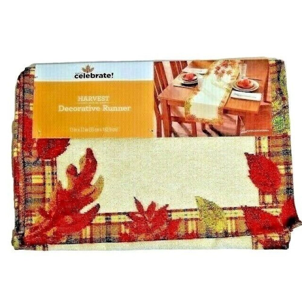Autumn Harvest Table Runner Fall Leaves Sparkle Shimmer Plaid Holiday Dining